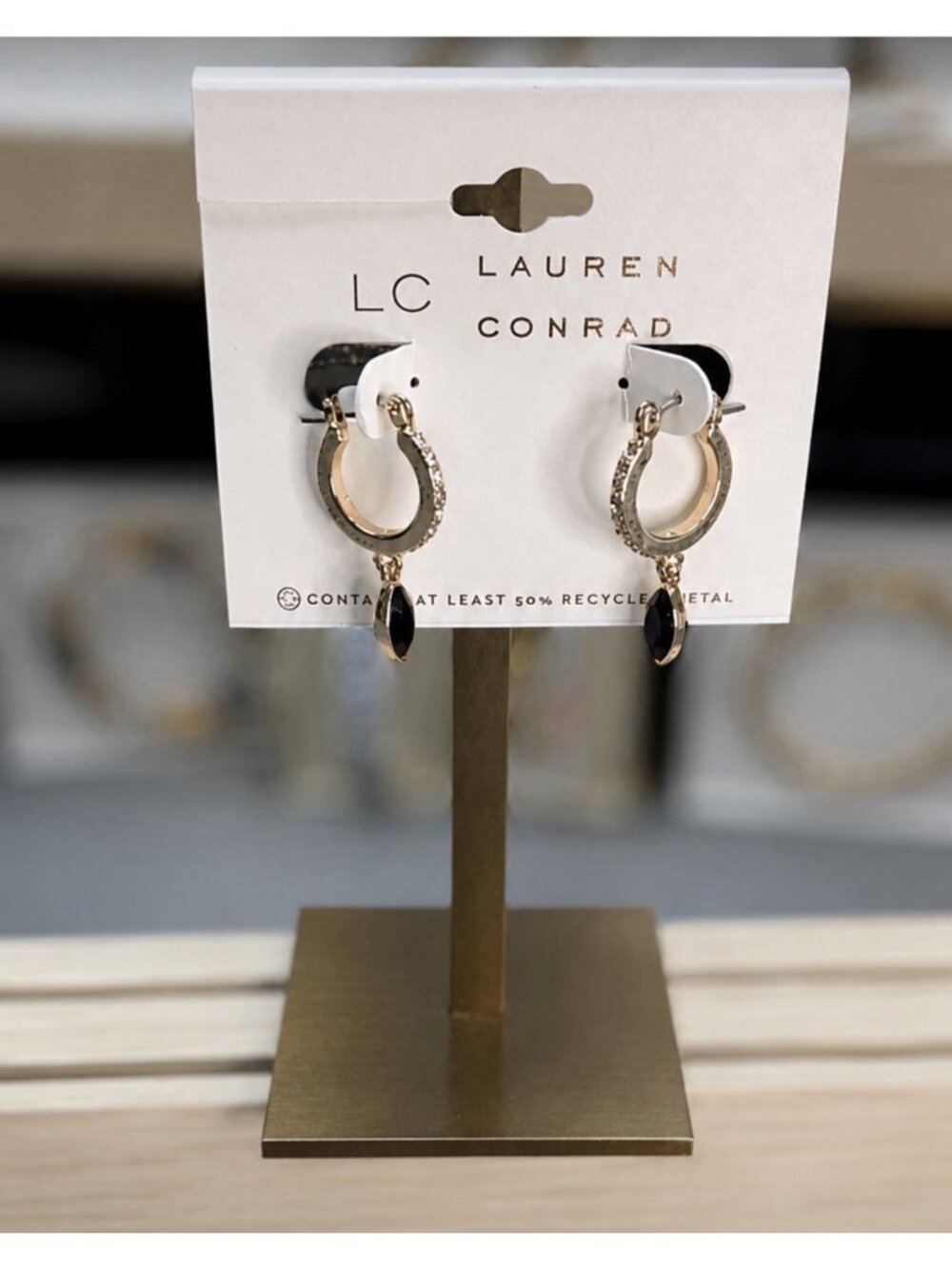 LC Lauren Conrad Dainty Earrings Tiny Dangle Black Bead Gold Tone Hoops 1" NEW